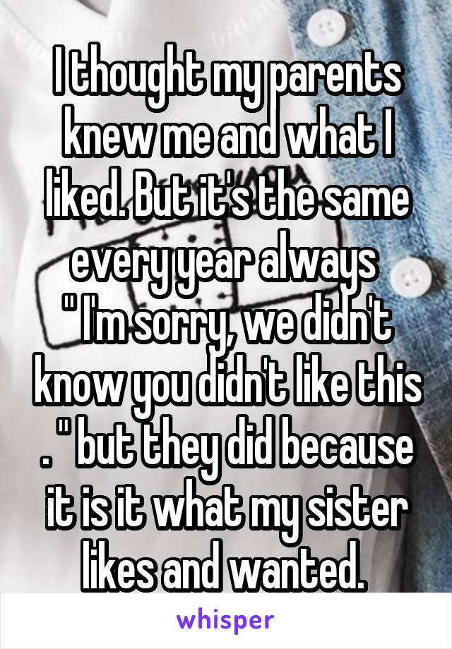 I thought my parents knew me and what I liked. But it's the same every year always 
" I'm sorry, we didn't know you didn't like this . " but they did because it is it what my sister likes and wanted. 