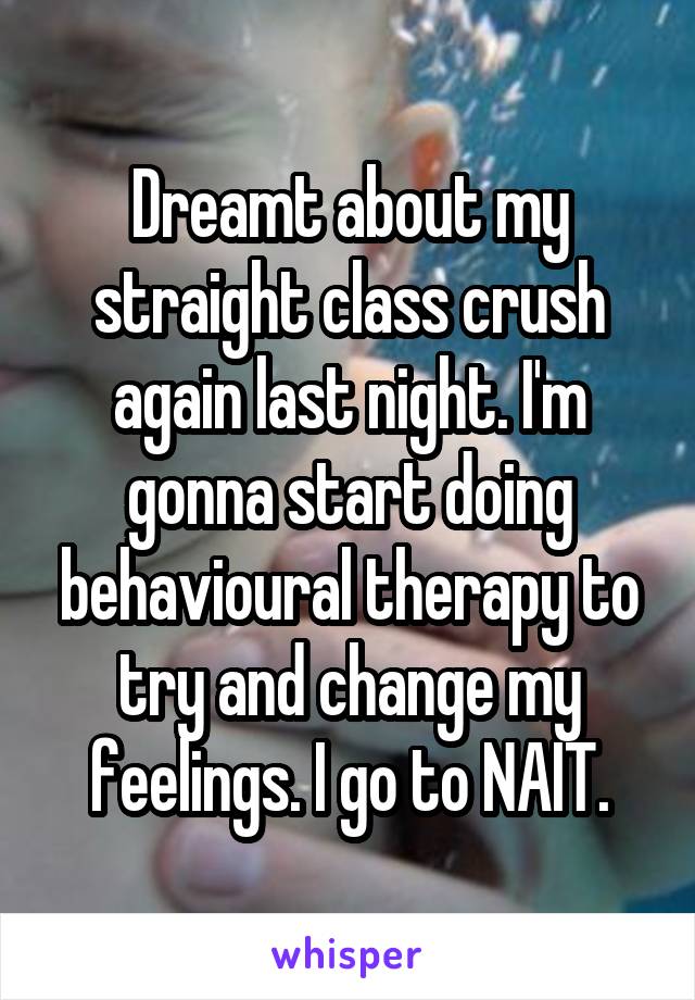Dreamt about my straight class crush again last night. I'm gonna start doing behavioural therapy to try and change my feelings. I go to NAIT.