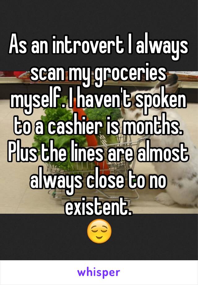 As an introvert I always scan my groceries myself. I haven't spoken to a cashier is months. 
Plus the lines are almost always close to no existent. 
😌