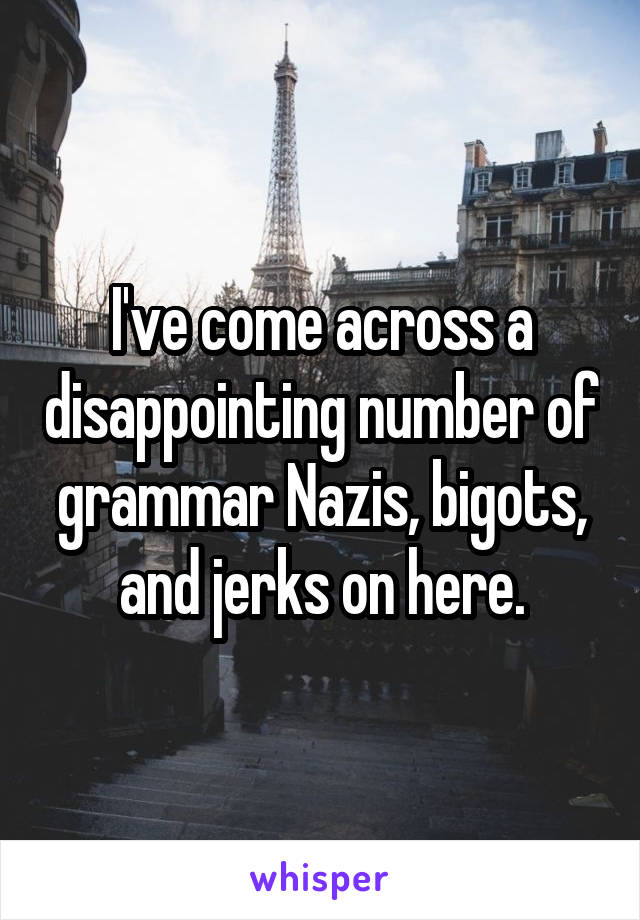 I've come across a disappointing number of grammar Nazis, bigots, and jerks on here.