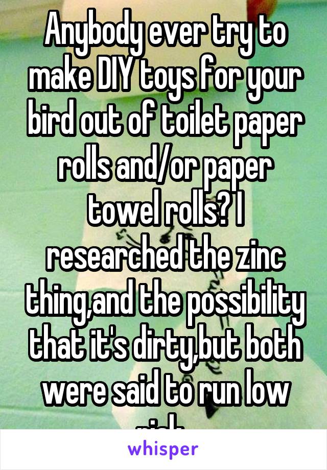Anybody ever try to make DIY toys for your bird out of toilet paper rolls and/or paper towel rolls? I researched the zinc thing,and the possibility that it's dirty,but both were said to run low risk..