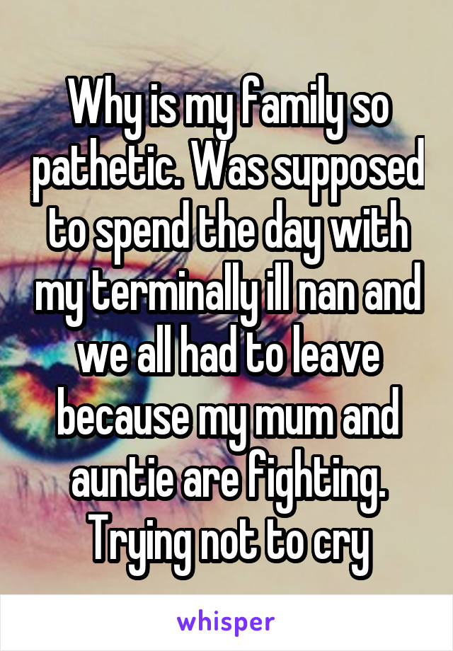 Why is my family so pathetic. Was supposed to spend the day with my terminally ill nan and we all had to leave because my mum and auntie are fighting. Trying not to cry