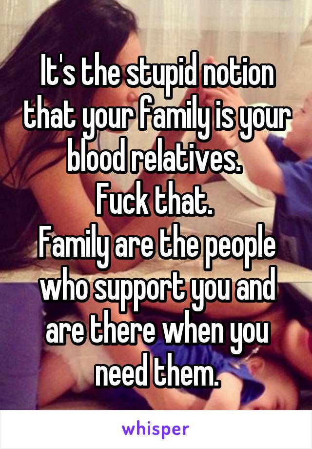 It's the stupid notion that your family is your blood relatives. 
Fuck that. 
Family are the people who support you and are there when you need them.