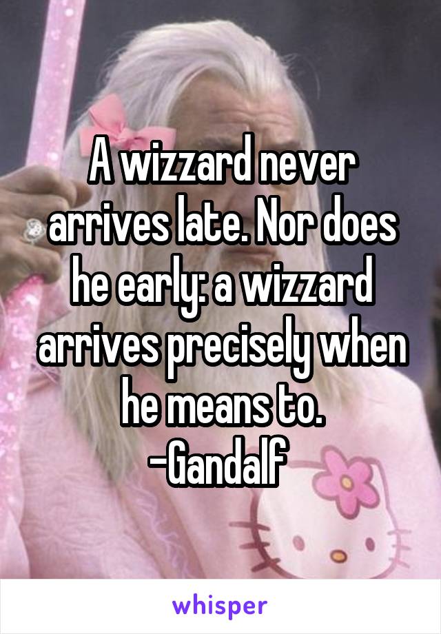 A wizzard never arrives late. Nor does he early: a wizzard arrives precisely when he means to.
-Gandalf 