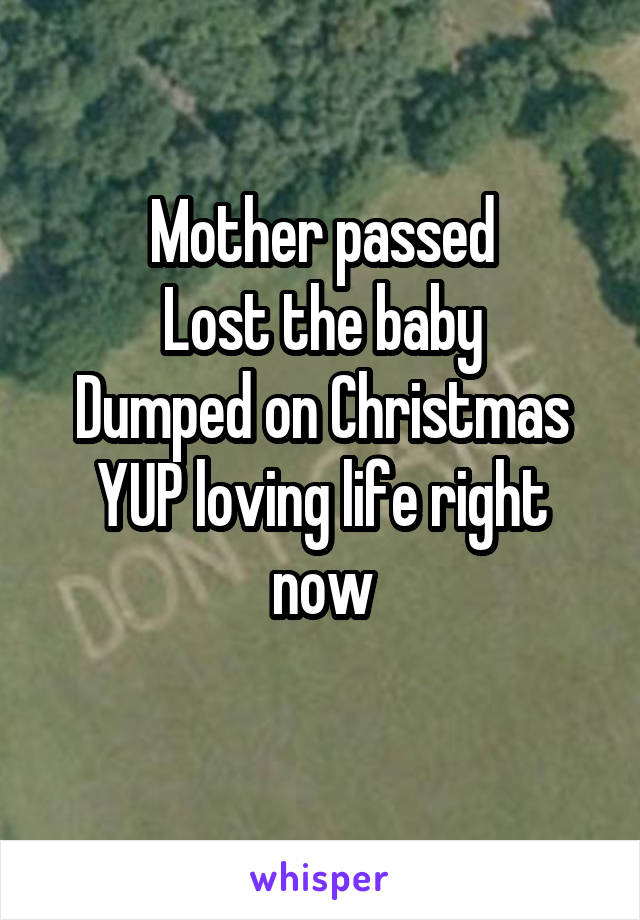 Mother passed
Lost the baby
Dumped on Christmas
YUP loving life right now
