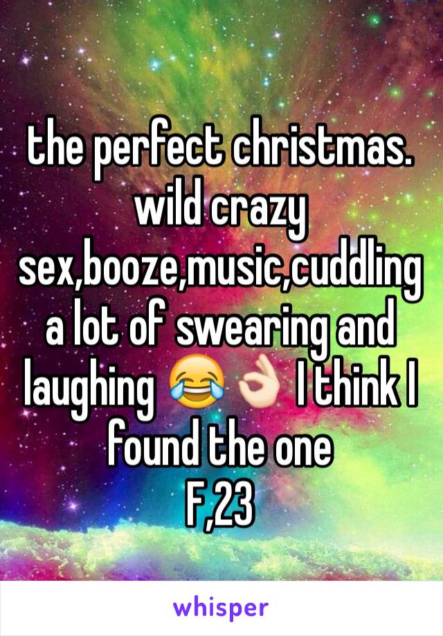 the perfect christmas.
wild crazy sex,booze,music,cuddling a lot of swearing and laughing 😂👌🏻 I think I found the one
F,23