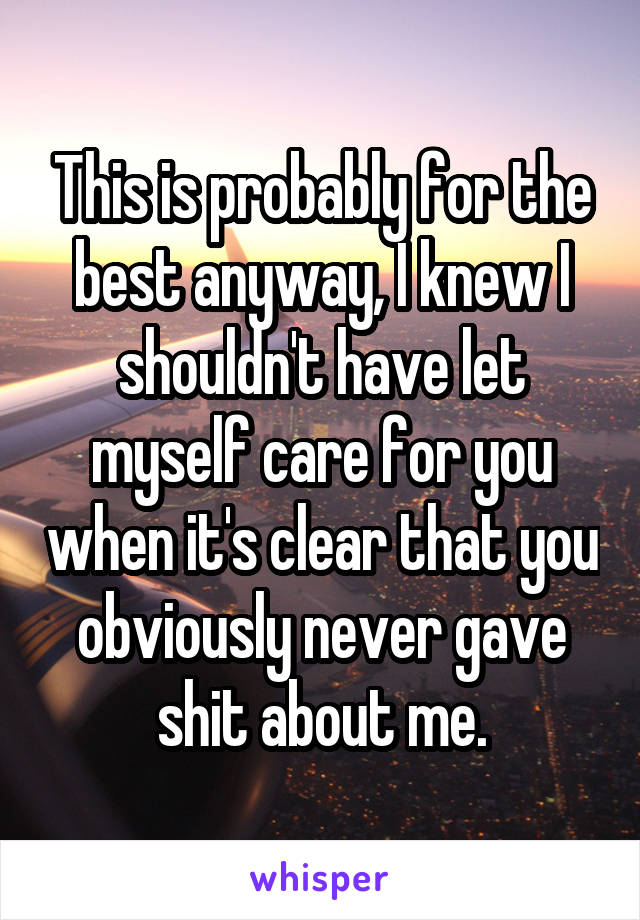 This is probably for the best anyway, I knew I shouldn't have let myself care for you when it's clear that you obviously never gave shit about me.