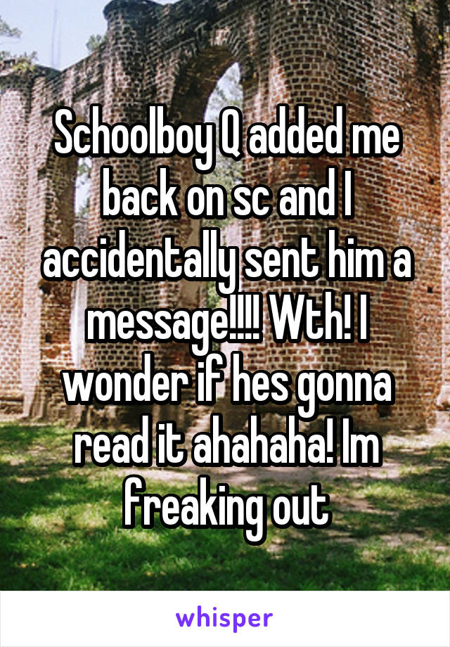 Schoolboy Q added me back on sc and I accidentally sent him a message!!!! Wth! I wonder if hes gonna read it ahahaha! Im freaking out