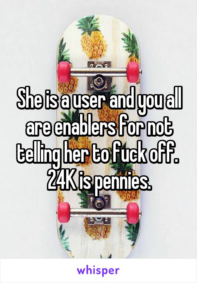 She is a user and you all are enablers for not telling her to fuck off. 
24K is pennies.