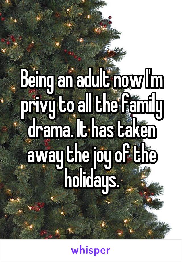 Being an adult now I'm privy to all the family drama. It has taken away the joy of the holidays.