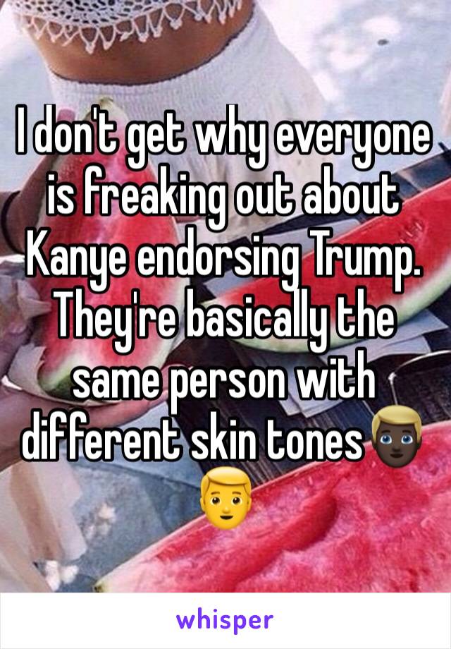 I don't get why everyone is freaking out about Kanye endorsing Trump. They're basically the same person with different skin tones👱🏿👱