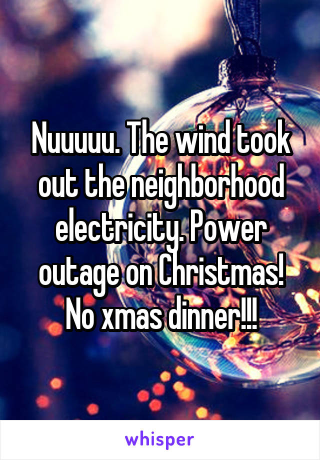 Nuuuuu. The wind took out the neighborhood electricity. Power outage on Christmas! No xmas dinner!!!