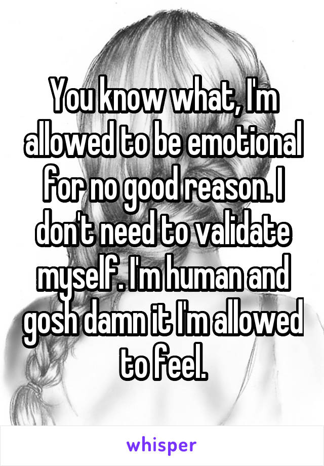 You know what, I'm allowed to be emotional for no good reason. I don't need to validate myself. I'm human and gosh damn it I'm allowed to feel.