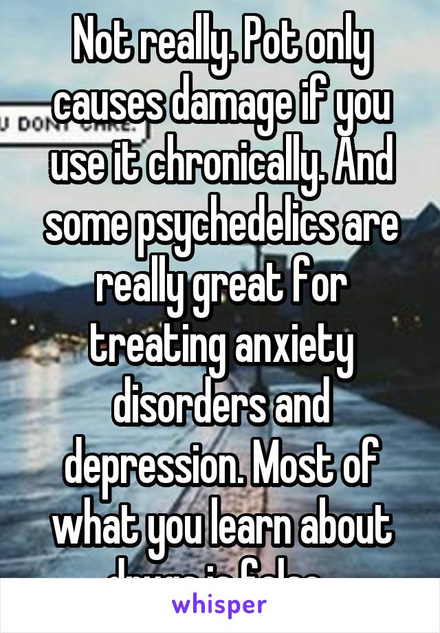 Not really. Pot only causes damage if you use it chronically. And some psychedelics are really great for treating anxiety disorders and depression. Most of what you learn about drugs is false. 