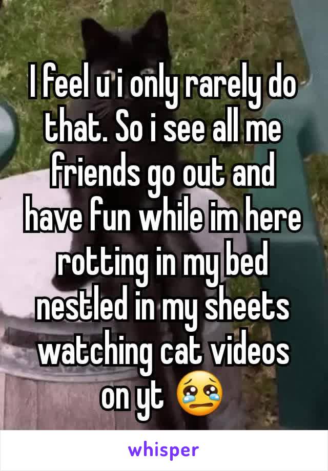 I feel u i only rarely do that. So i see all me friends go out and have fun while im here rotting in my bed nestled in my sheets watching cat videos on yt 😢