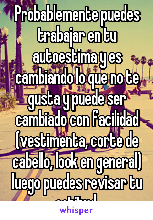 Probablemente puedes trabajar en tu autoestima y es cambiando lo que no te gusta y puede ser cambiado con facilidad (vestimenta, corte de cabello, look en general) luego puedes revisar tu actitud 