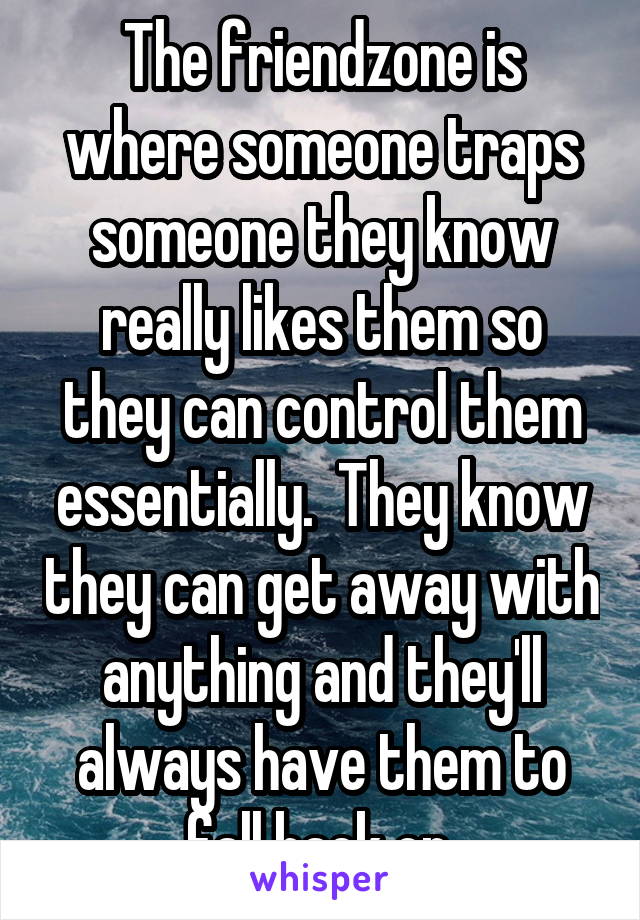 The friendzone is where someone traps someone they know really likes them so they can control them essentially.  They know they can get away with anything and they'll always have them to fall back on.