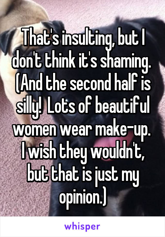 That's insulting, but I don't think it's shaming.  (And the second half is silly!  Lots of beautiful women wear make-up.  I wish they wouldn't, but that is just my opinion.)