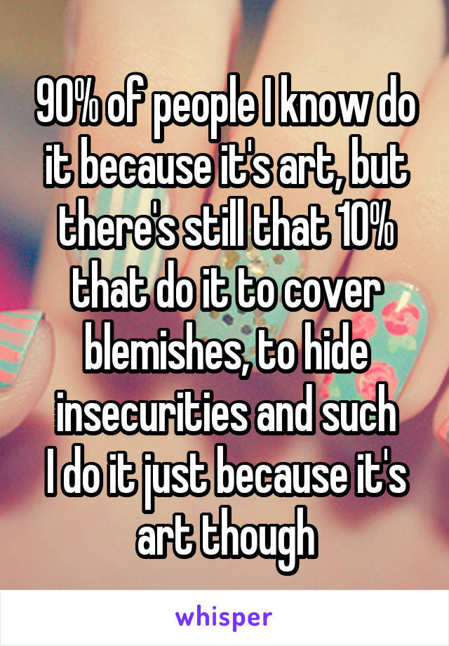 90% of people I know do it because it's art, but there's still that 10% that do it to cover blemishes, to hide insecurities and such
I do it just because it's art though