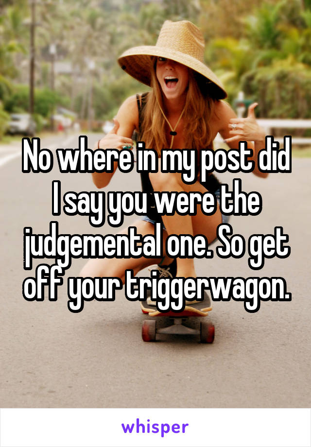 No where in my post did I say you were the judgemental one. So get off your triggerwagon.