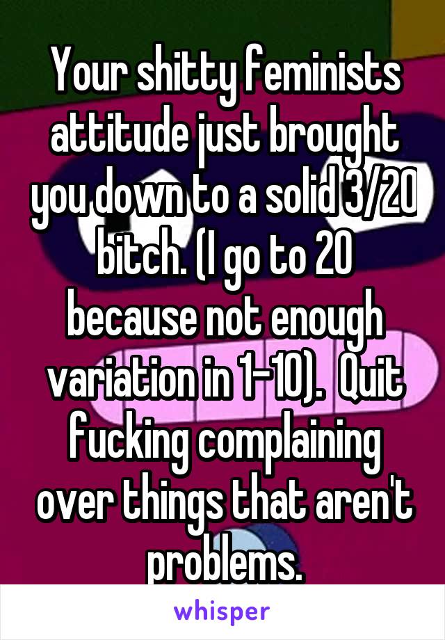 Your shitty feminists attitude just brought you down to a solid 3/20 bitch. (I go to 20 because not enough variation in 1-10).  Quit fucking complaining over things that aren't problems.