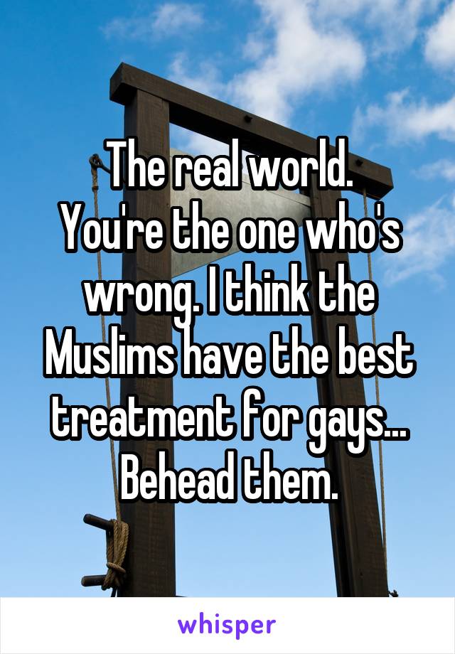 The real world.
You're the one who's wrong. I think the Muslims have the best treatment for gays... Behead them.