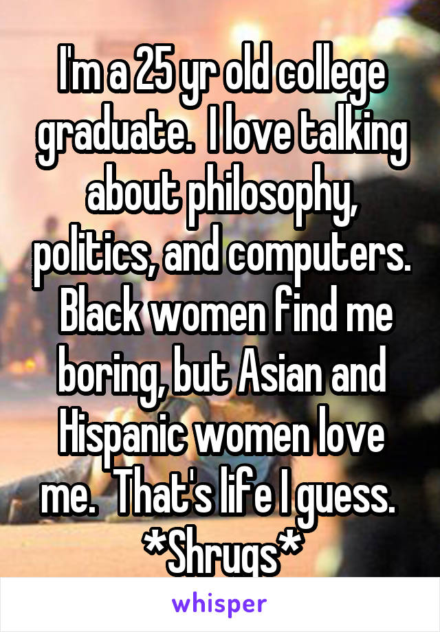 I'm a 25 yr old college graduate.  I love talking about philosophy, politics, and computers.  Black women find me boring, but Asian and Hispanic women love me.  That's life I guess.  *Shrugs*