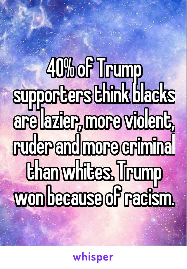 40% of Trump supporters think blacks are lazier, more violent, ruder and more criminal than whites. Trump won because of racism.