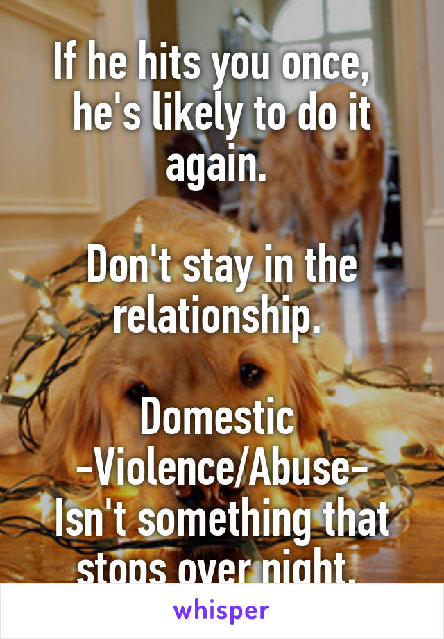 If he hits you once,  
he's likely to do it again. 

Don't stay in the relationship. 

Domestic 
-Violence/Abuse-
Isn't something that stops over night. 