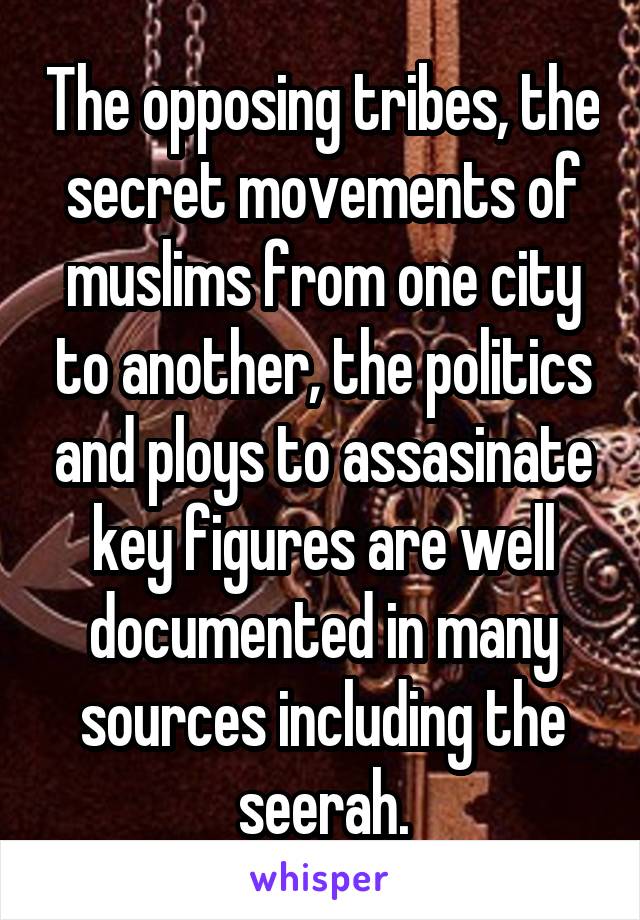 The opposing tribes, the secret movements of muslims from one city to another, the politics and ploys to assasinate key figures are well documented in many sources including the seerah.