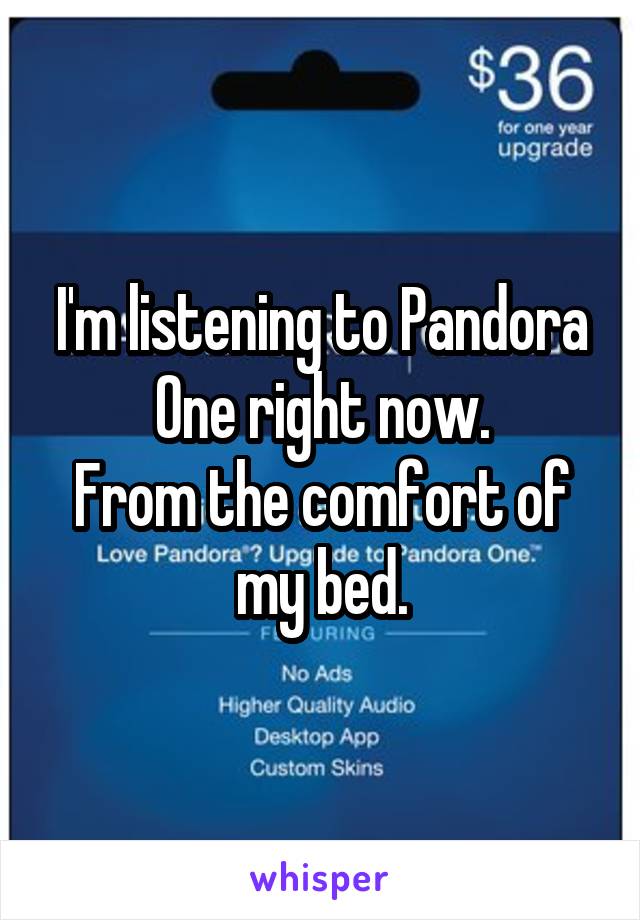 I'm listening to Pandora One right now.
From the comfort of my bed.