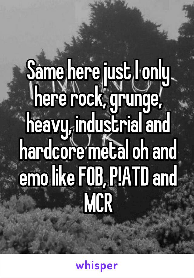 Same here just I only here rock, grunge, heavy, industrial and hardcore metal oh and emo like FOB, P!ATD and MCR