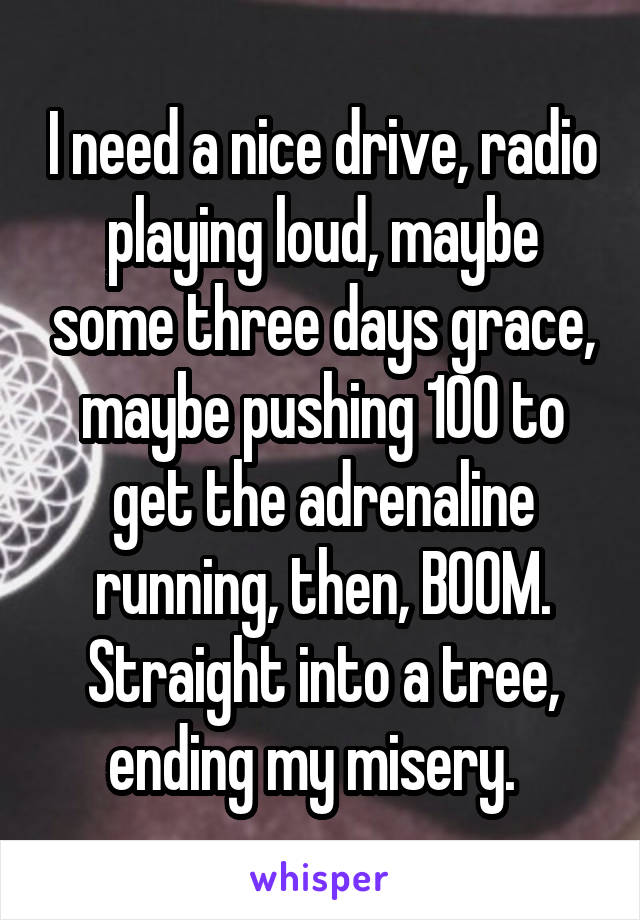 I need a nice drive, radio playing loud, maybe some three days grace, maybe pushing 100 to get the adrenaline running, then, BOOM. Straight into a tree, ending my misery.  