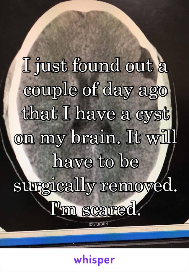 I just found out a couple of day ago that I have a cyst on my brain. It will have to be surgically removed. I'm scared.