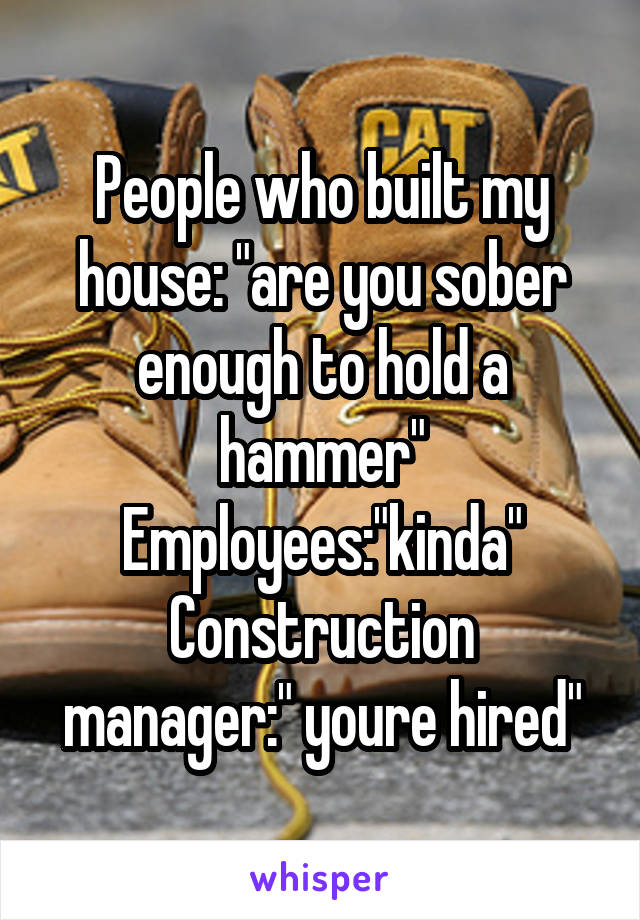 People who built my house: "are you sober enough to hold a hammer"
Employees:"kinda"
Construction manager:" youre hired"
