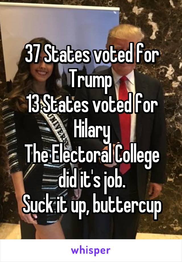 37 States voted for Trump 
13 States voted for Hilary
The Electoral College
did it's job.
Suck it up, buttercup