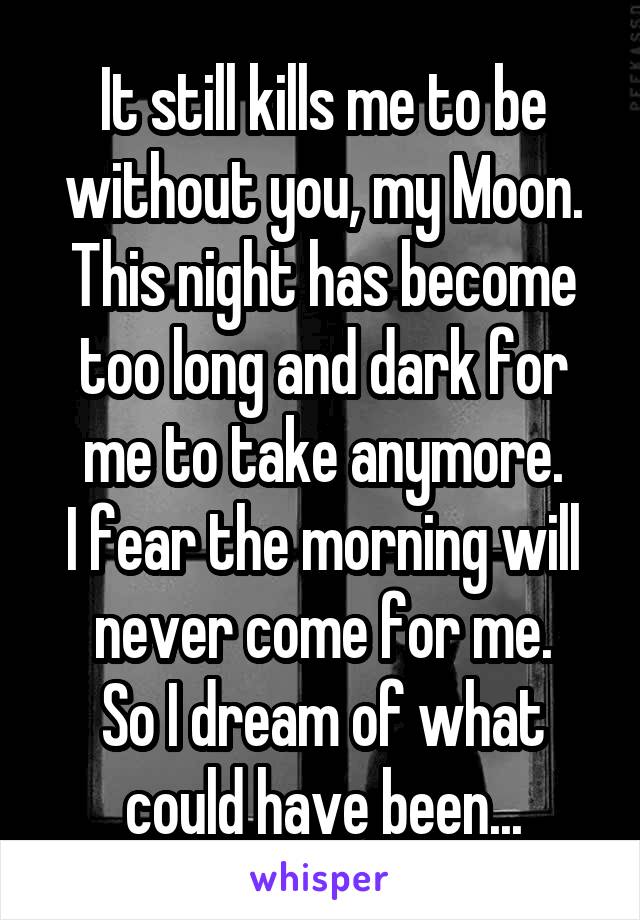 It still kills me to be without you, my Moon.
This night has become too long and dark for me to take anymore.
I fear the morning will never come for me.
So I dream of what could have been...