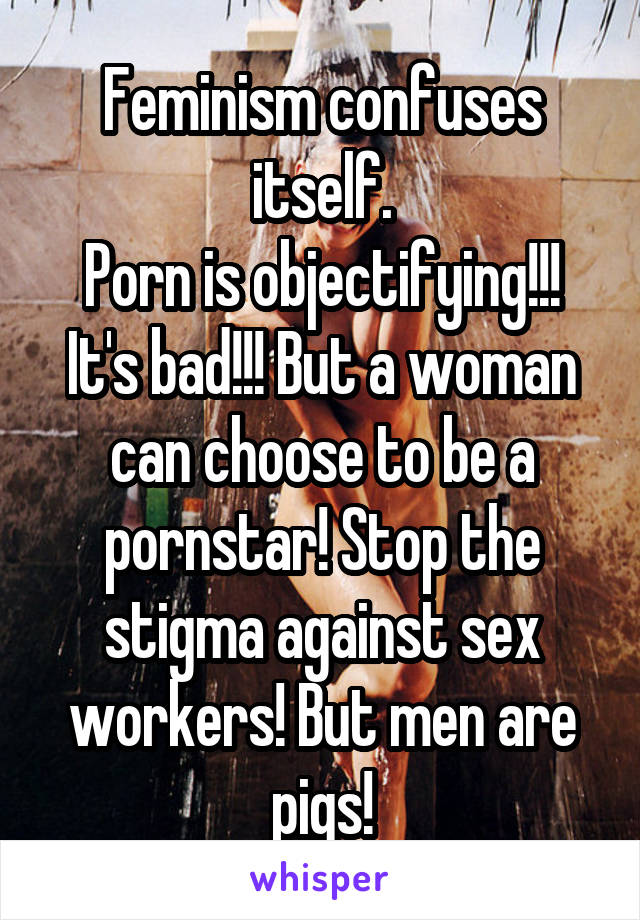 Feminism confuses itself.
Porn is objectifying!!! It's bad!!! But a woman can choose to be a pornstar! Stop the stigma against sex workers! But men are pigs!
