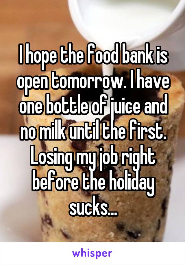 I hope the food bank is open tomorrow. I have one bottle of juice and no milk until the first. Losing my job right before the holiday sucks...