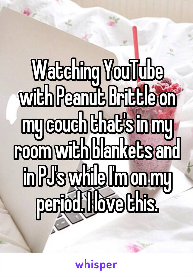Watching YouTube with Peanut Brittle on my couch that's in my room with blankets and in PJ's while I'm on my period. I love this.