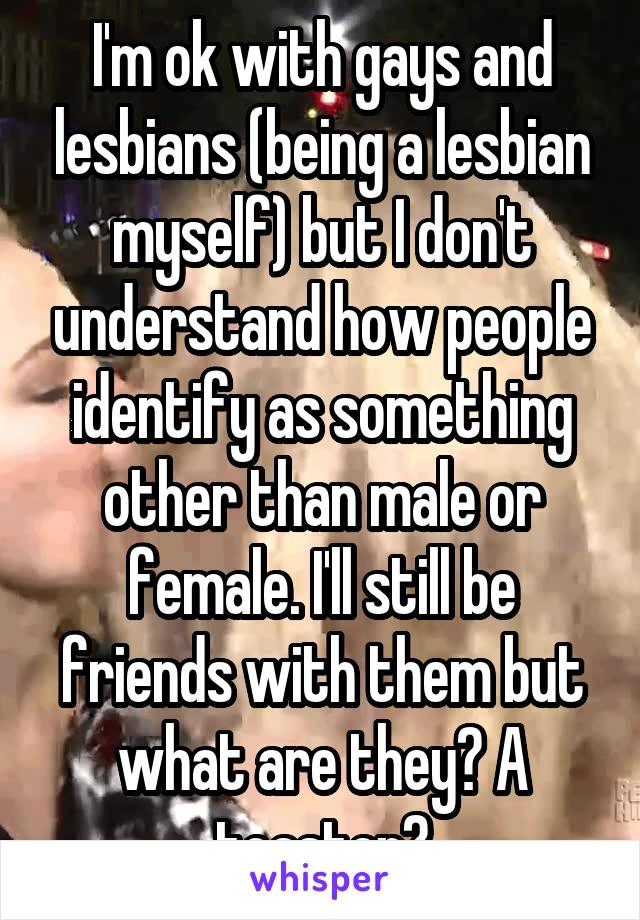 I'm ok with gays and lesbians (being a lesbian myself) but I don't understand how people identify as something other than male or female. I'll still be friends with them but what are they? A toaster?