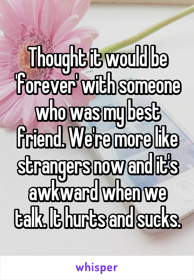 Thought it would be 'forever' with someone who was my best friend. We're more like strangers now and it's awkward when we talk. It hurts and sucks.