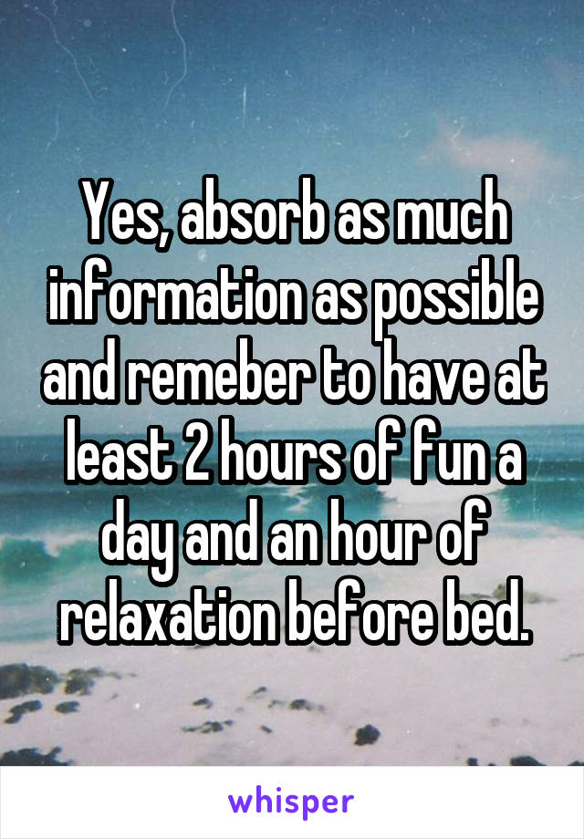 Yes, absorb as much information as possible and remeber to have at least 2 hours of fun a day and an hour of relaxation before bed.