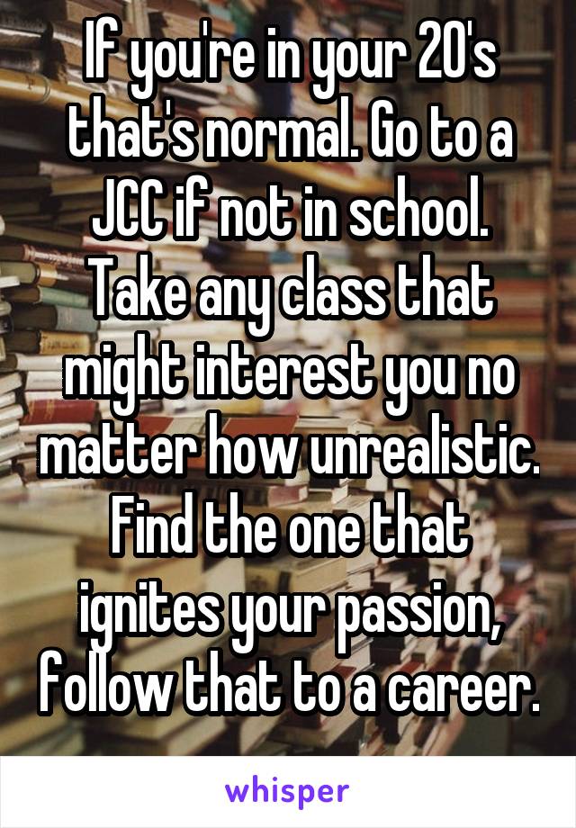 If you're in your 20's that's normal. Go to a JCC if not in school. Take any class that might interest you no matter how unrealistic. Find the one that ignites your passion, follow that to a career. 