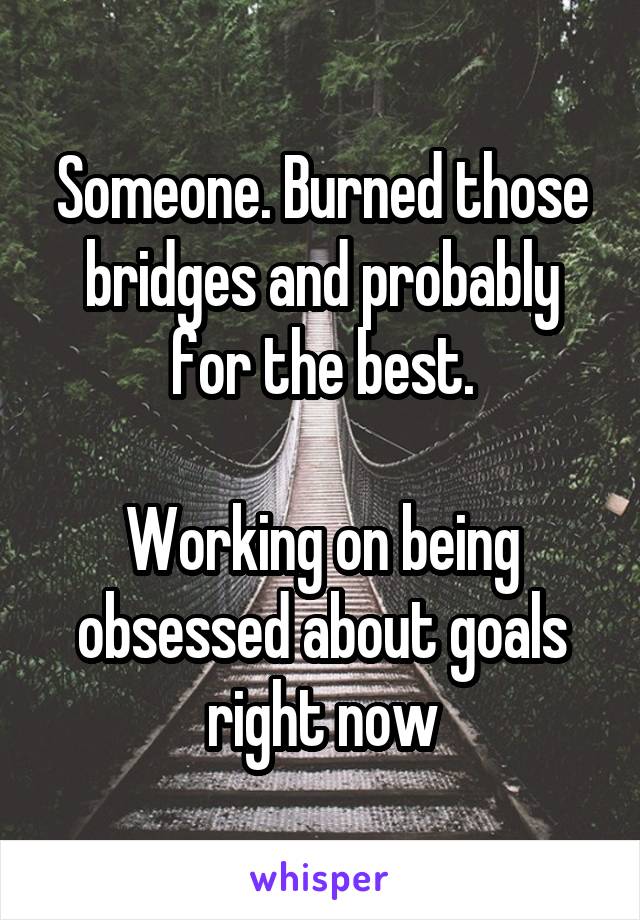 Someone. Burned those bridges and probably for the best.

Working on being obsessed about goals right now