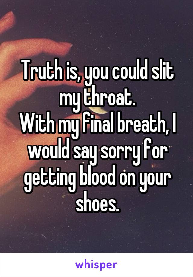 Truth is, you could slit my throat.
With my final breath, I would say sorry for getting blood on your shoes.
