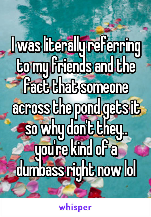 I was literally referring to my friends and the fact that someone across the pond gets it so why don't they.. you're kind of a dumbass right now lol