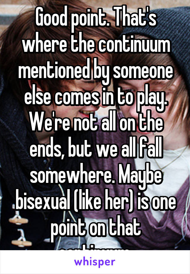 Good point. That's where the continuum mentioned by someone else comes in to play. We're not all on the ends, but we all fall somewhere. Maybe bisexual (like her) is one point on that continuum.
