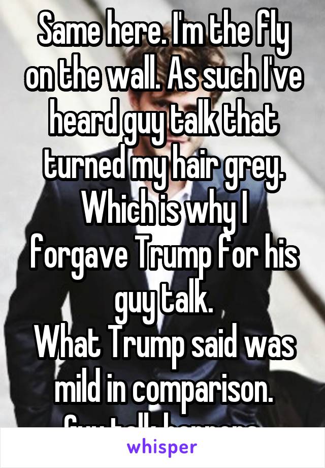 Same here. I'm the fly on the wall. As such I've heard guy talk that turned my hair grey.
Which is why I forgave Trump for his guy talk.
What Trump said was mild in comparison.
Guy talk happens.