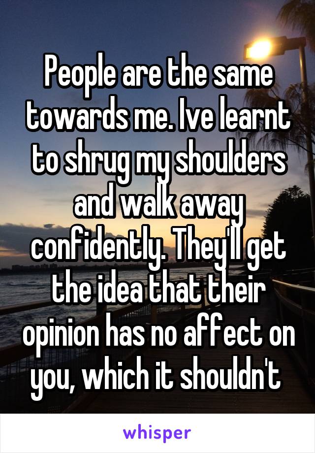 People are the same towards me. Ive learnt to shrug my shoulders and walk away confidently. They'll get the idea that their opinion has no affect on you, which it shouldn't 